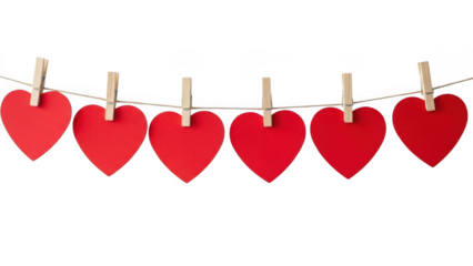 Red hearts on clothespins, isolated on transparent background