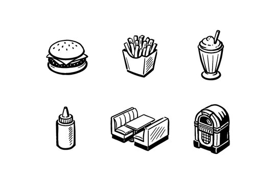 Retro diner icons in monochrome style: burger, fries, milkshake, booth, jukebox, condiment