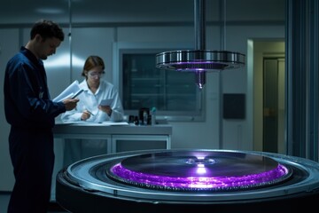 Research team examines advanced technology in laboratory setting with innovative equipment