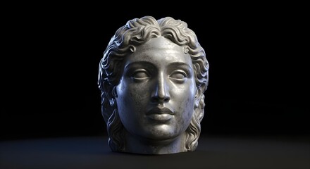 A stone statue of an ancient god, its face is a shimmering, perfect chrome. Mythpunk, dark surrealism, stark contrast.