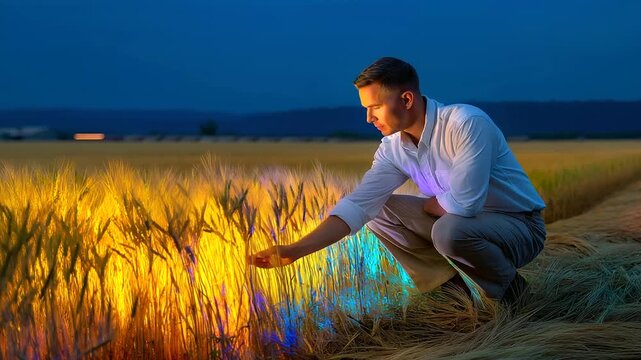 Farmer examining wheat under blacklight, discovering hidden fluorescent patterns mapping seasonal changes encoded in grain texture