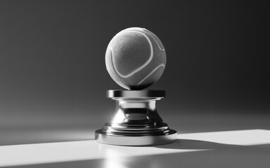 A tennis ball sitting on a metal trophy cup on a table indoors