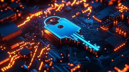 A glowing blue key icon on a circuit board with orange lights representing digital security and technology