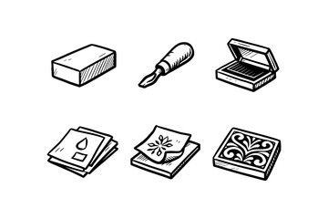 Vintage wood carving tools and supplies in hand drawn style