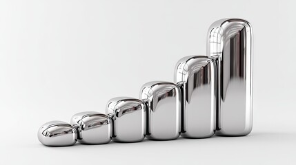Modern Chrome Graph Showing Growth and Progress with Smooth Metallic Shapes for Business, Finance, and Technology Illustrations, Isolated on White Background