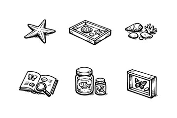 Hand drawn beach and nature collectibles icons set