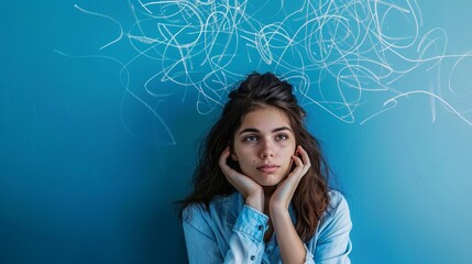 Young woman in thoughtful pose, resting face on hands, against blue background with white doodles. Concept of happiness and creativity, mental health and emotional intelligence