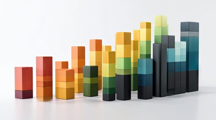 Abstract arrangement of colorful geometric blocks representing data visualization with varying heights and vibrant color gradients on a white background