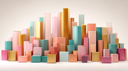 Colorful geometric shapes in pastel and metallic tones creating an abstract urban skyline made of boxes and rectangles on a soft background