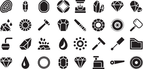 Gemstone cutting and jewelry making icon set. Containing diamonds, raw crystals, magnifying glass, cutting saws, polishing tools, and more.