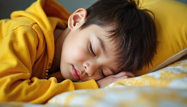 Young boy sleeps peacefully in a soft yellow hoodie and bedding. His innocent face shows deep slumber. He rests comfortably on a yellow pillow, dreaming sweet dreams in his cozy bed.