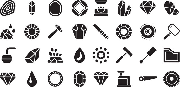 Gemstone cutting and jewelry making icon set. Containing diamonds, raw crystals, magnifying glass, cutting saws, polishing tools, and more.