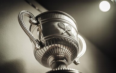 A closeup view of a classic trophy cup with handles and decorative details