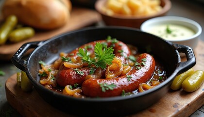 Cooked kaszanka sausages sizzle with caramelized onions in a cast iron skillet. Garnished with parsley, served with pickles and bread. Traditional Polish cuisine.