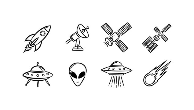 Space elements in minimalist style: rockets, ufos, satellites, and aliens in line art