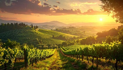 Fototapeta premium Sunset Over Rolling Hills Vineyard Landscape