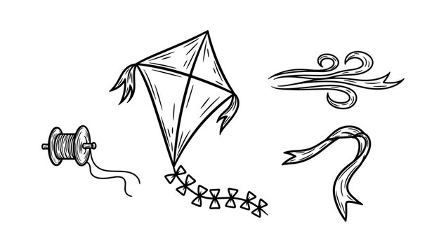 Hand drawn kite with string and decorative elements on white background