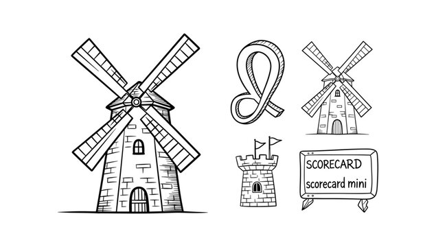 Sketch of windmill and medieval tower with scorecard and infinity symbol
