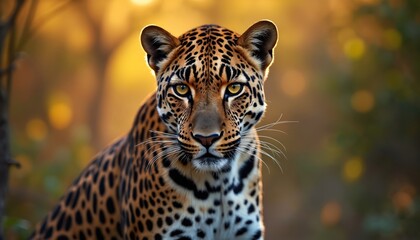 Leopard stares intently. Big cat with spotted fur sits in natural habitat, golden hour light illuminates its face. Wild animal portrait, predatory gaze from jungle.