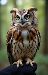 Morepork owl rests on gloved hand. Brown bird with yellow eyes sits still in blurred forest. Wild creature observes its surroundings with focused gaze.