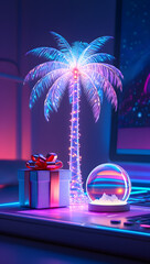 A neon palm tree wrapped in fairy lights beside a glowing present and a snow globe showing a sunset beach soft pink and teal gradient vaporwave christmas