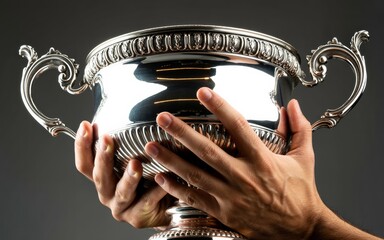 Person holding a large shiny silver trophy cup with ornate handles and decorative details