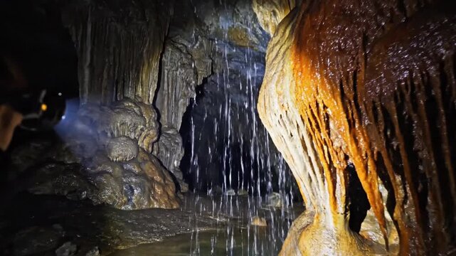 Exploring a mystical cave with dramatic stalactites and dripping water illuminated by a flashlight