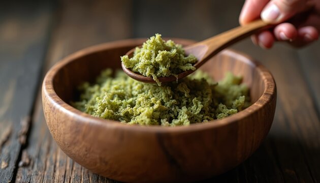 Wooden bowl holds green Wolffia water lentils scooped by hand using a spoon. Food is healthy ingredient, nutrition, eco-farming. Sustainable vegan meal.
