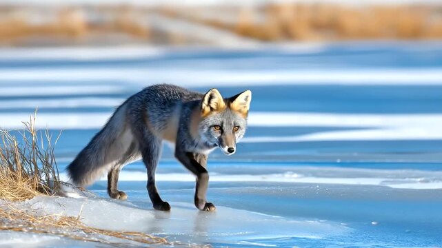 Arctic fox standing on shifting ice floe, its breath crystallizing instantly, distant auroras faintly reflecting in amber-colored eyes