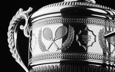 Closeup of a trophy cup with tennis racket and ball engravings on its side