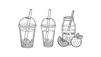 Bubble tea line art with fruits and milk tea in transparent cups