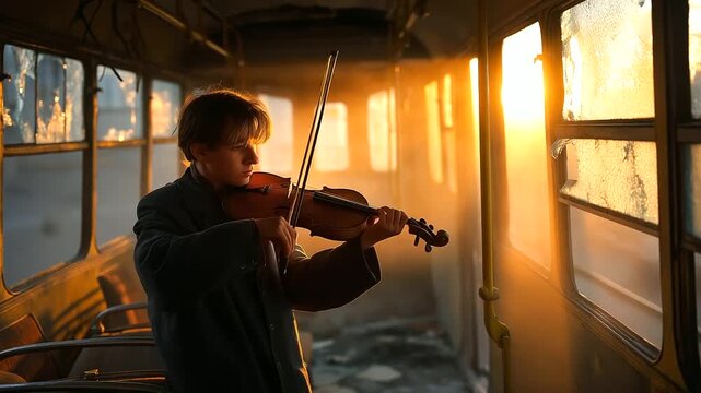 A street violinist tuning strings inside an abandoned tram, dust swirling in late sunlight, reflections on shattered windows forming ghostlike duplicate silhouettes