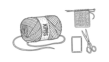 Handcrafted knitting essentials in detailed black and white sketch style
