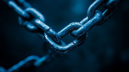 A close-up view of a rugged metal chain with a dark and moody background