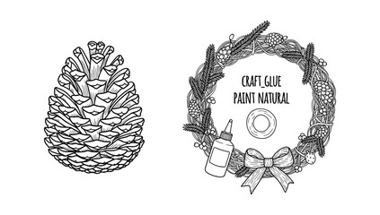 Pine cone and holiday wreath with craft supplies in detailed line art