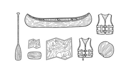 Canoeing gear essentials: paddle, canoe, life vest and map in linear art style