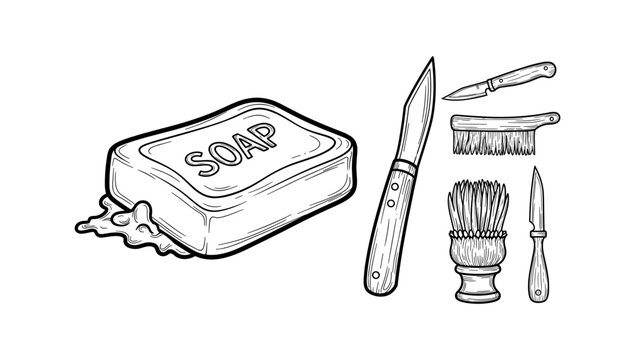 Vintage grooming tools and soap bar sketch in black and white