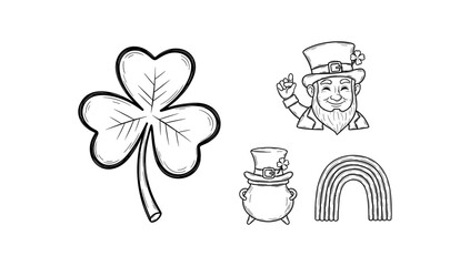St. patrick's day icons: shamrock, leprechaun, pot of gold, and rainbow in vintage style