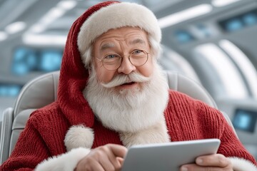 Surprisingly, Santa embraces the future, calmly reviewing data on a tablet amidst a sleek, modern spaceship interior, a blend of tradition and technology.