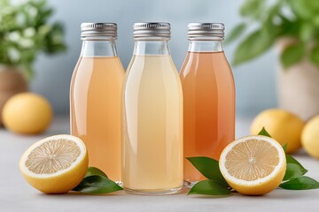 Golden light bathes these glass bottles of homemade lemonade, creating a sense of calm and natural goodness, ideal for lifestyle imagery, recipes, or advertising.
