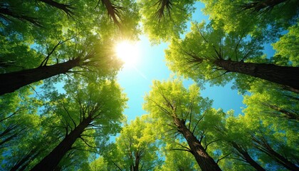 Obraz premium Rich green tree crowns sway gently against a clear blue sky. Sun shines brightly through the leaves. Low angle view upwards into dense forest canopy.