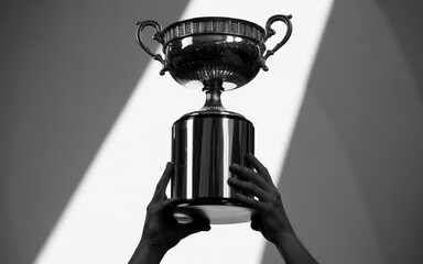 A person holding a large shiny trophy cup with handles