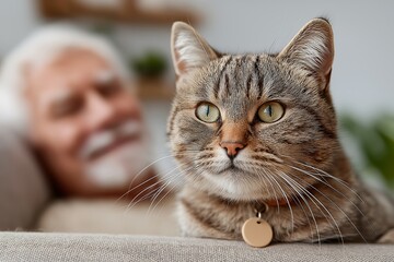 Quiet companionship radiates from this tender moment, a silver-haired senior and their beloved tabby cat sharing a peaceful, loving bond, perfect for illustrating pet care or intergenerational connect