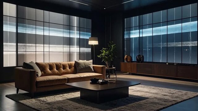 Modern Interior Living Room Featuring Brown Leather Sofa with Gray Pillows near a Plant and a Wooden Cabinet