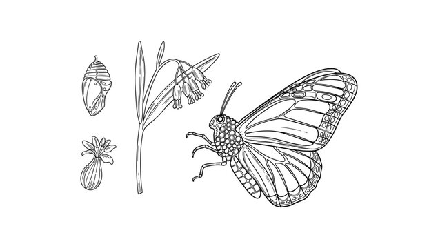 Detailed monarch butterfly life stages with floral element in black and white line art