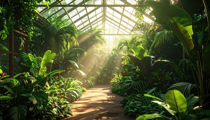 Fototapeta premium Sunlit Greenhouse Interior with Lush Tropical Foliage