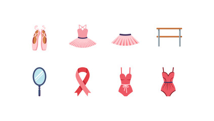 Ballet essentials and pink outfits set in flat design