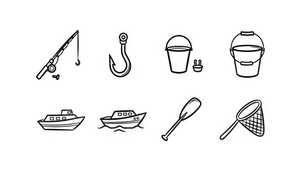 Fishing tools and equipment icons in linear style for recreational activities