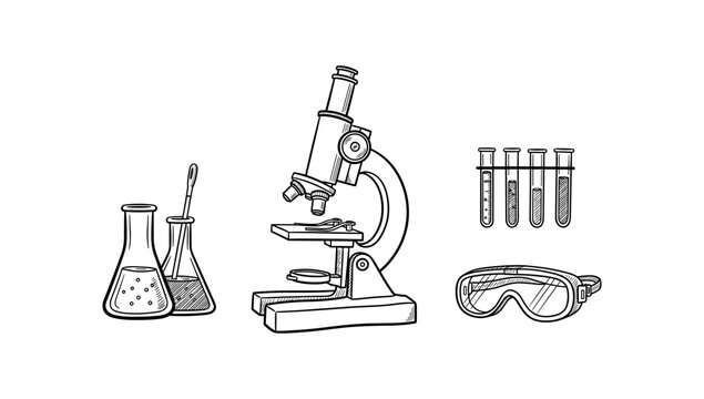 Hand drawn science equipment including microscope and test tubes