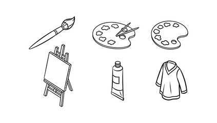 Art tools: paintbrush, palette, easel, and paint tube in line design